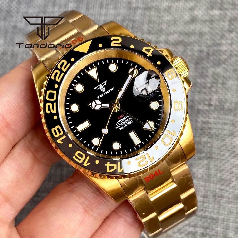 

Tandorio NH34A GMT Function Luxury Yellow Gold Coated 40mm Automatic Men's Watch Sapphire Glass Date Rotating Bezel Screw Crown