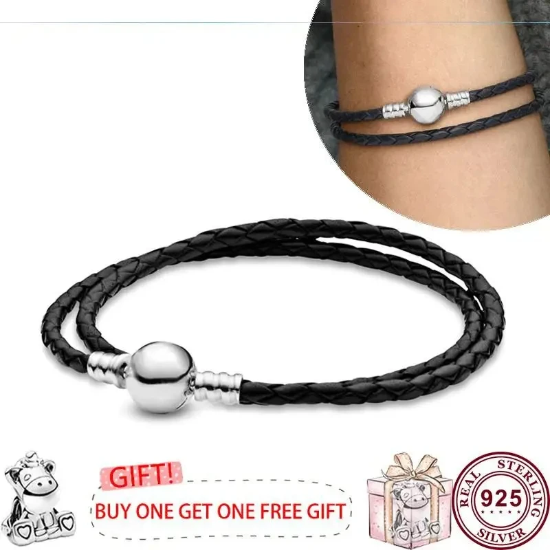 New Hot 925 Sterling Silver Exquisite Woven Leather Rope Original Women's Logo Double Loop Bracelet Wedding DIY Charm Jewelry