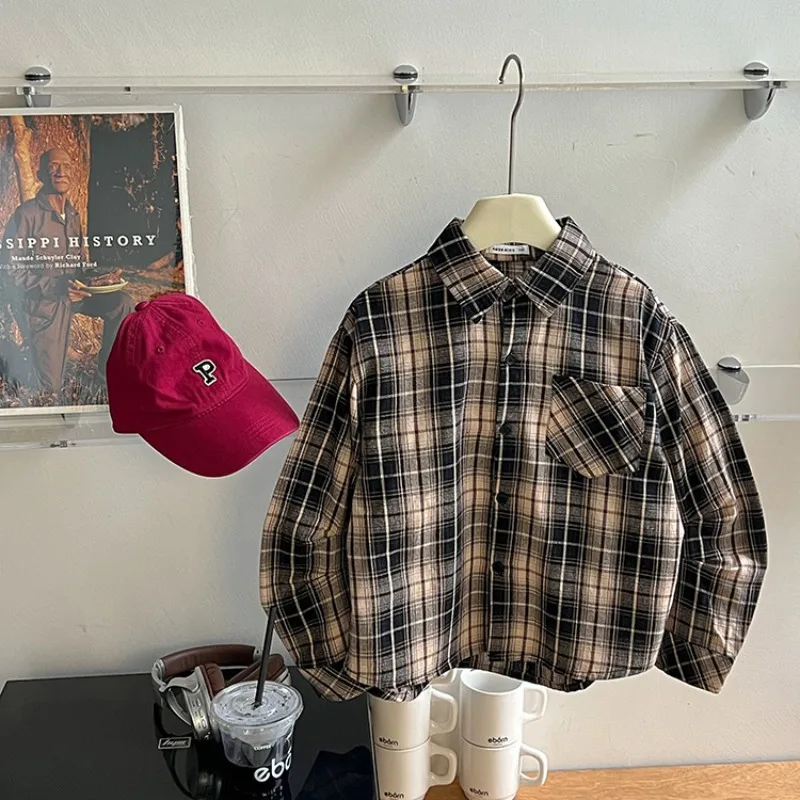 Spring Autumn baby shirts children fashion plaid long sleeve shirt boys turn-down collar loose cotton Tops