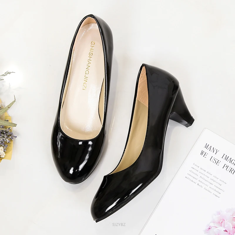 Spike Heels Women Round Toe Shoes Slip-On High Heels Office Ladies Black Patent Leather Pumps Spring Autumn Pu Shallow Shoes