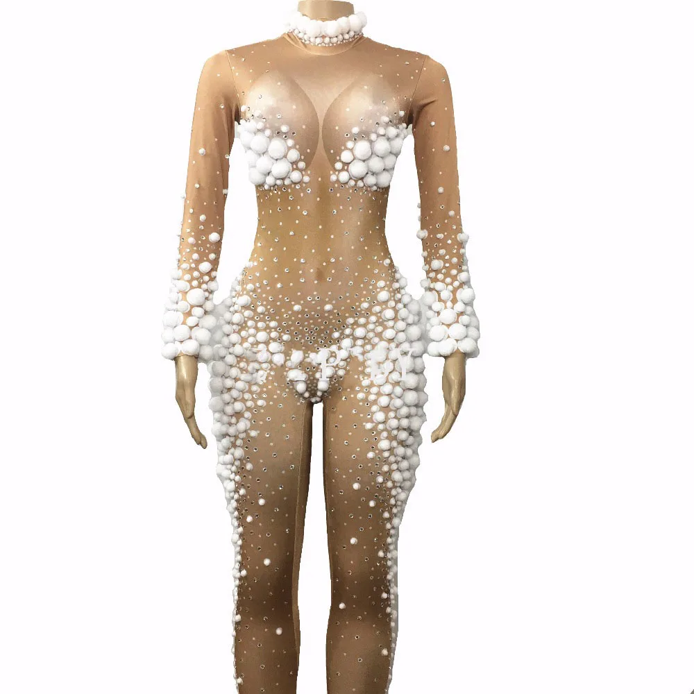

Rompers Women's Stretch Nude Bodysuit Birthday Celebrate Sexy White Small Balls Christmas Jumpsuit Stage Wear Costume