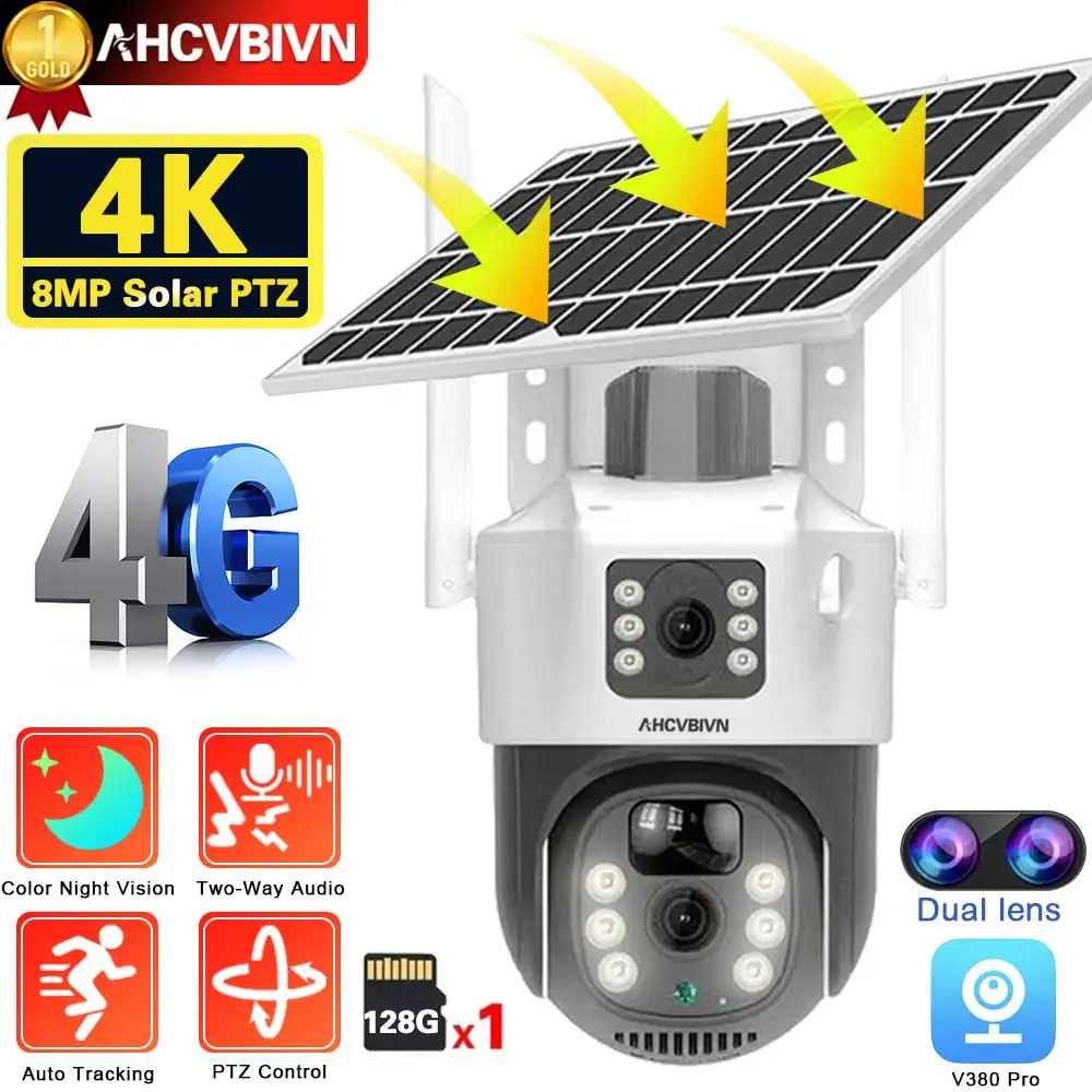 듀얼 렌즈 와이파이 태양광 카메라, 4G SIM 카드, 8MP 무선 감시 PTZ 배터리 카메라, 4K 컬러 나이트 비전, 양방향 오디오 V380