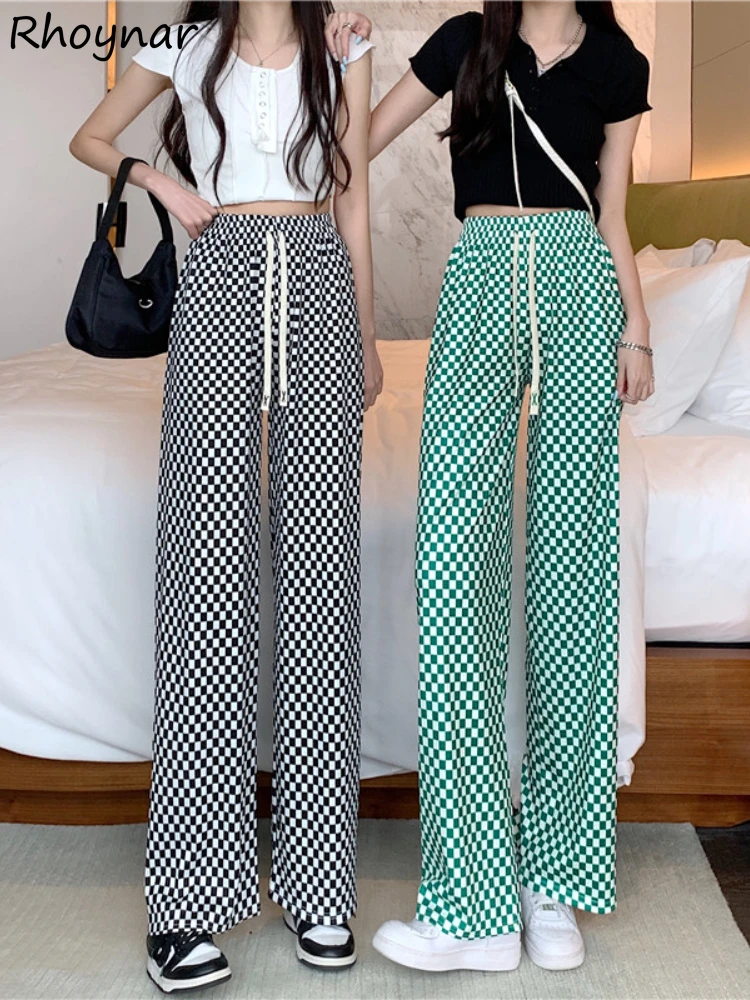

Plaid Casual Pants Women Drawstring Baggy Wide Leg Harajuku College High Waist Vintage Trousers Summer Design Брюки Женские Chic