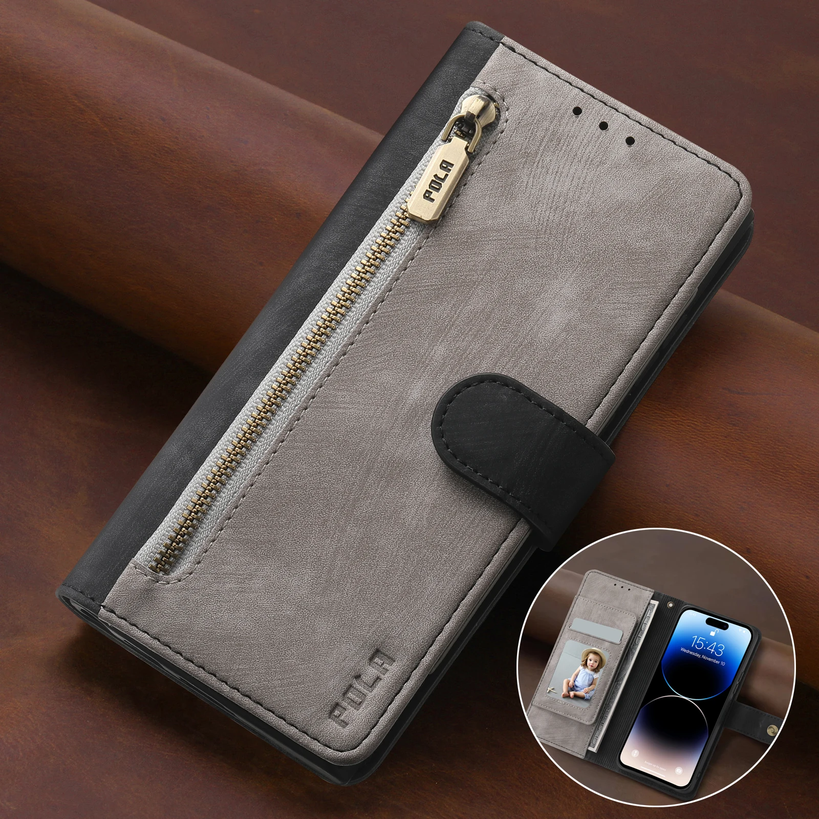 RFID Leather Zipper Wallet Phone Case with Card Slots and Stand Feature