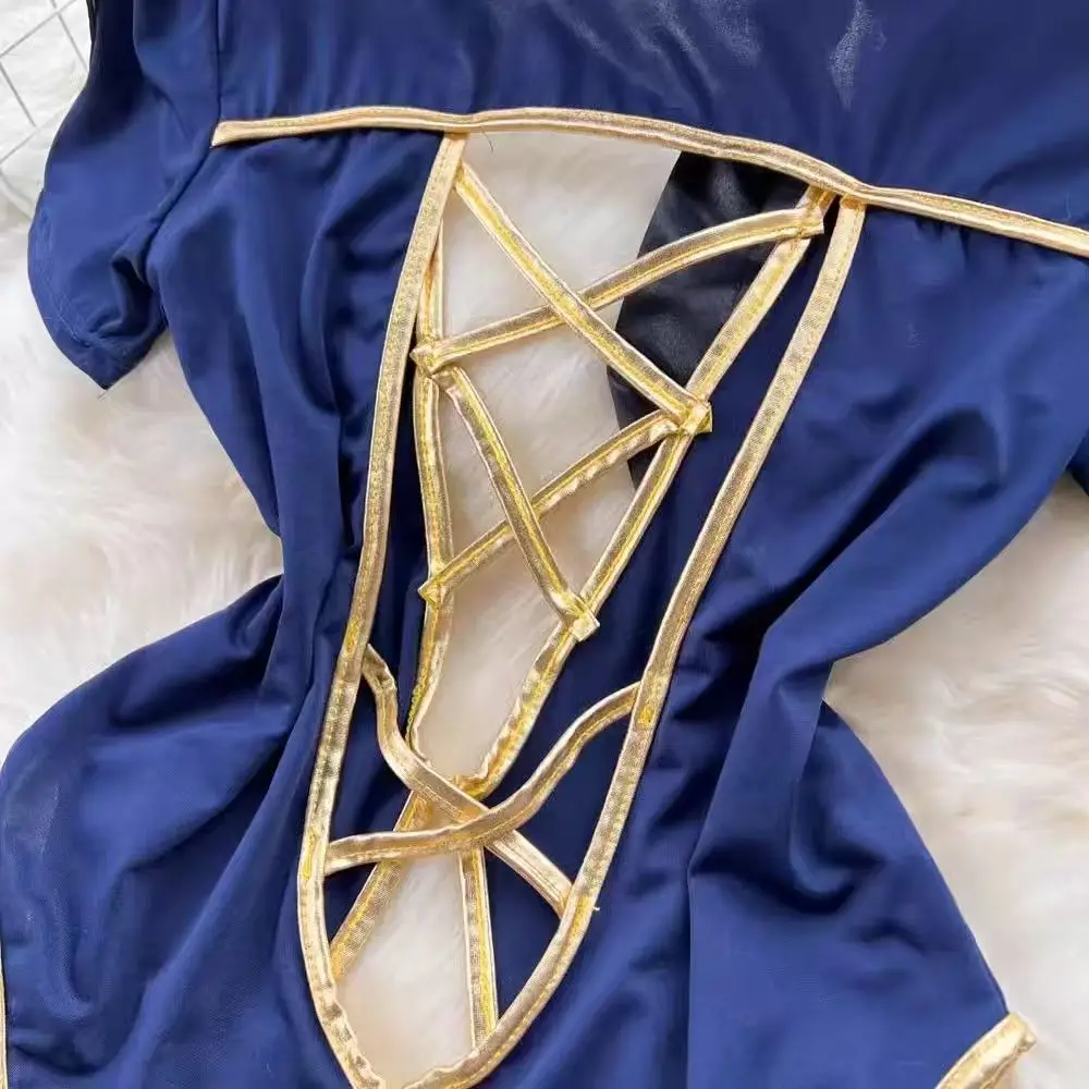 Sexy Office Lady's Role-play Shorts Set Short Sleeve Hollow Out Short Sleeve Rompers Thong 2 Pieces Set Erotic Lingerie Pajamas