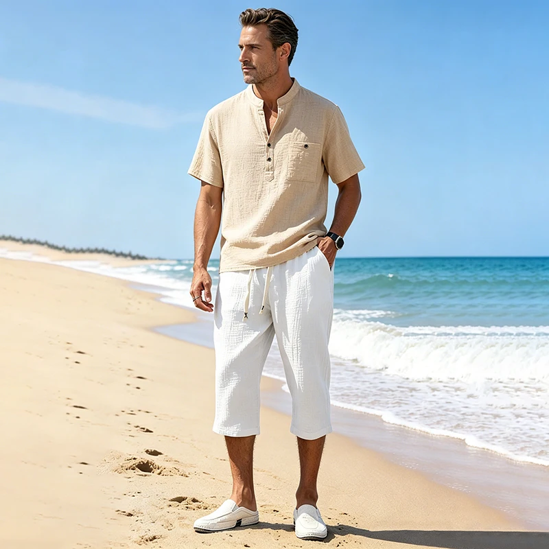 Summer Men Linen Capri Pants Drawstring Waist Loose Solid Color Casual Trousers For Daily Beach Vacation Outdoor Travel Wear 5