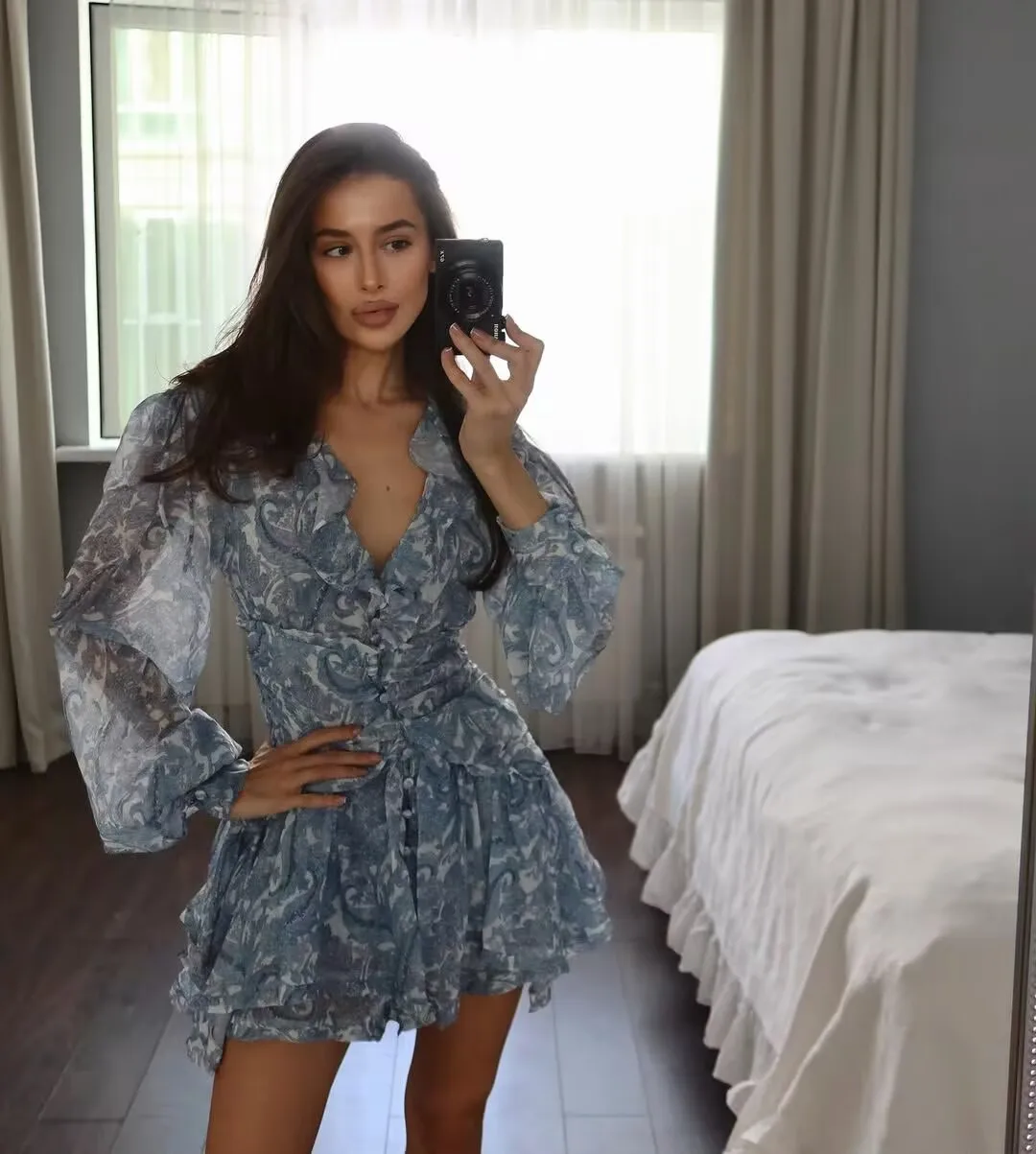 YENKYE Summer Ｗomen Ruffle V Neck Long Sleeve Floral Print Boho Short Dress Ladies Vintage Fairy Robe Holiday Vestido
