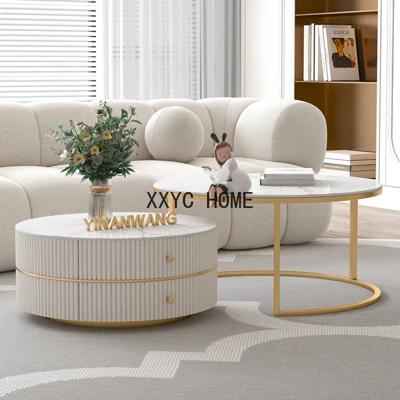 

Style Light Luxury Stone Plate Living Room round Table Home Small Apartment Glass Combination