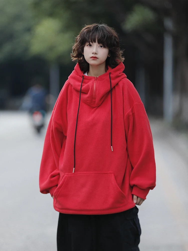 Japanese-Style Retro Fleece-Lined Thick Women's Hooded Pullovers Autumn and Winter Fashion All-Match Loose American Sweatshirts
