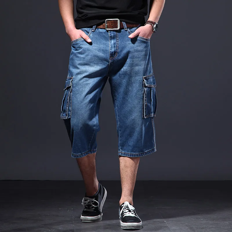 Idopy Men`s Denim Cargo Shorts Plus Size Motorcycle Biker Multi-Pockets Straight Washed Jean For Male