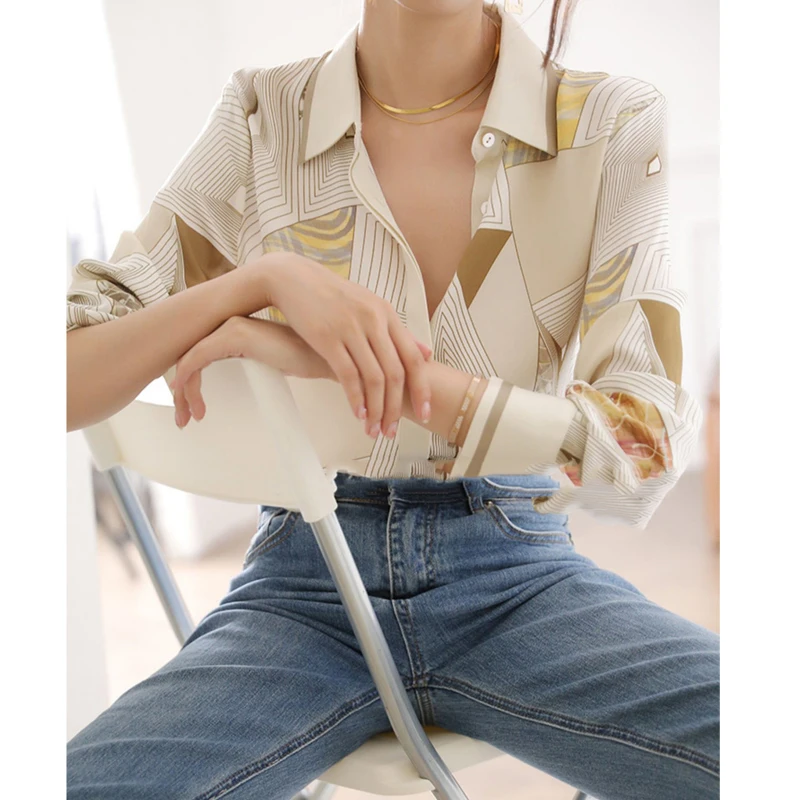 Women's Clothing Trendy Striped Print Elegant Button Up Shirt Spring Autumn Luxury Designer Business Casual Office Lady Blouses