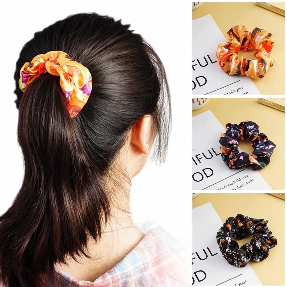 

Fashion Hair Ties Band Retro Classic Ghost Skull Pumpkin Spider Web Bat Pattern Halloween Hair Scrunchies Hair Ties Band