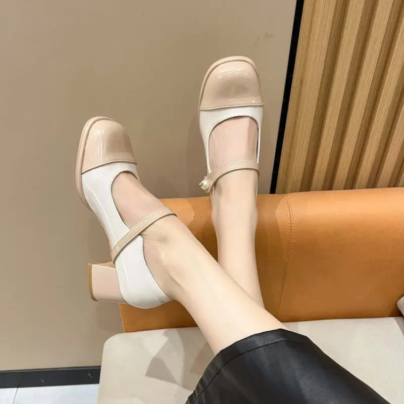 Womens's High Heels 2024 Autumn New Thick Heel Leather Shoes Elegant Dress Splicing Shallow Buckle Strap Ladies Pumps
