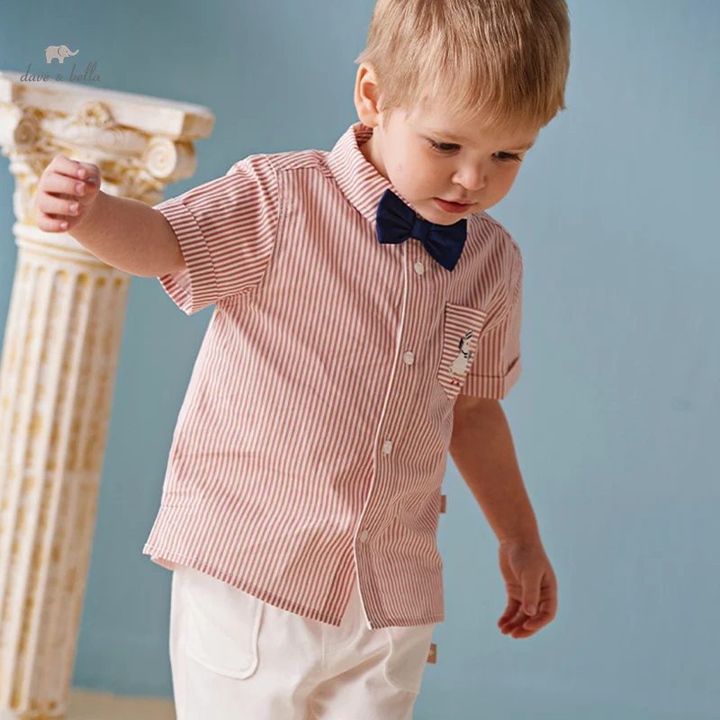 

Костюм для мальчиков Dave Bella, Новинка лета 2024, детская полосатая рубашка с коротким рукавом, комплект из двух предметов, джентльменский академический стиль DB2248685