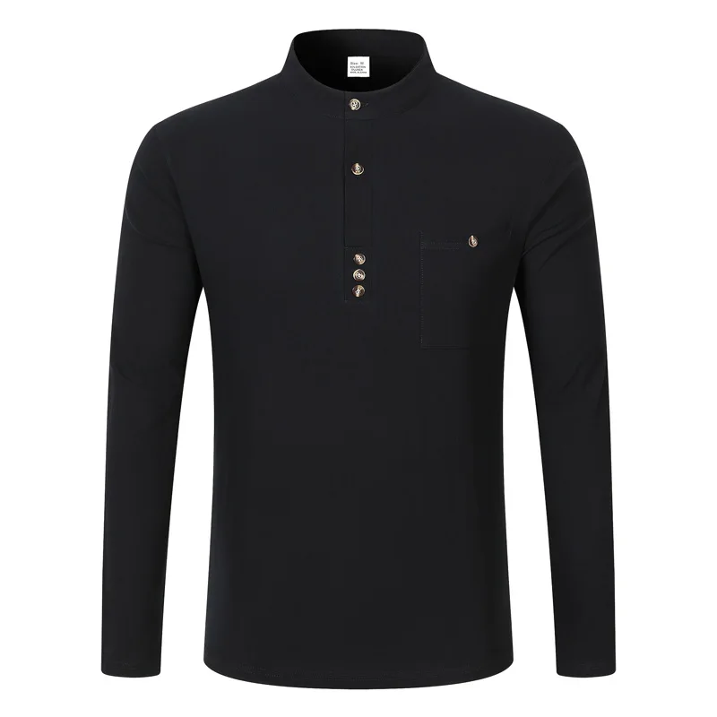 Herren Baumwoll-Leinen Langarm Henley-Hemd mit Stehkragen, Knopfleiste und Brusttasche, Lässiges Atmungsaktives Alltags-, Urlaubs- und Arbeitshemd – Detail 29