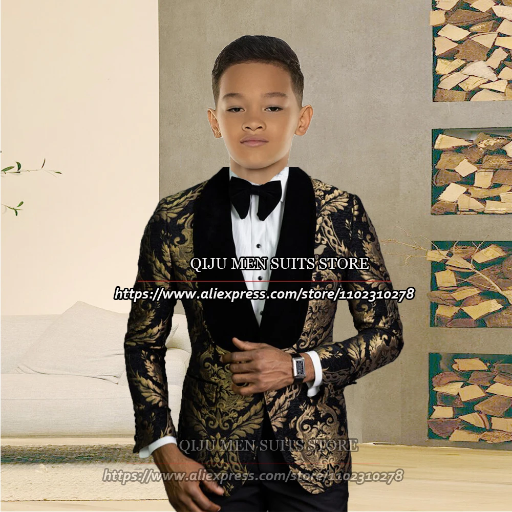 

Children's Suits Boys Tailore-Made Velvet Lapel Jacket Formal Wedding Tuxedo Black With Gold Floral Blazer Set Performance Wear