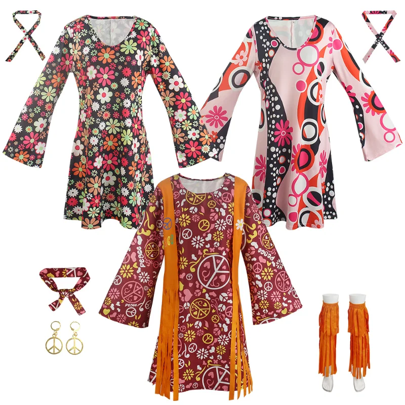 

Adult Women 70S Party Cosplay Costumes Flower Hippie Clothes 1960s Fashion Hippie Halloween Fancy Dress Female Ladies Outfits