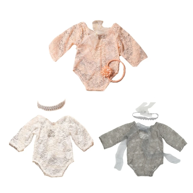

Newborn Photography Props Baby Lace Romper with Headband Set Backless Mesh Bodysuit for Baby Photoshoot Infant Outfit
