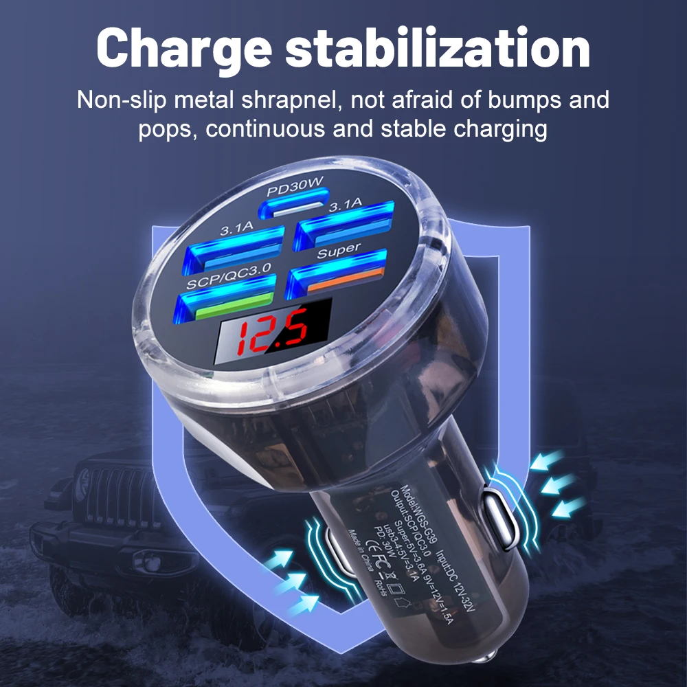65W Car Charger 30W Quick Charge Transparent Case PD 27W for iPhone 15 14 13 12 Xiaomi Poco Samsung Fast Charger Charging