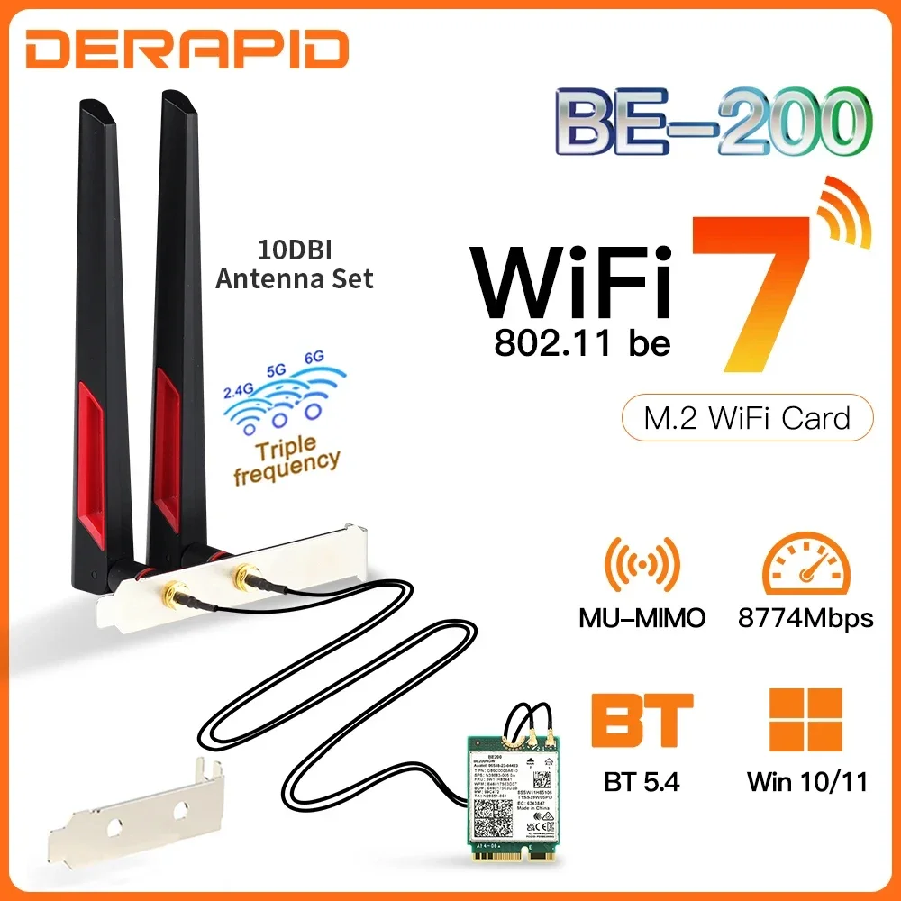 BE200 WiFi7 Adapter Bluetooth 5.4 6GHz Wireless Card BE200NGW 802.11BE PC/Laptop Antenne Set M.2 NGFF For Intel Network Adapter