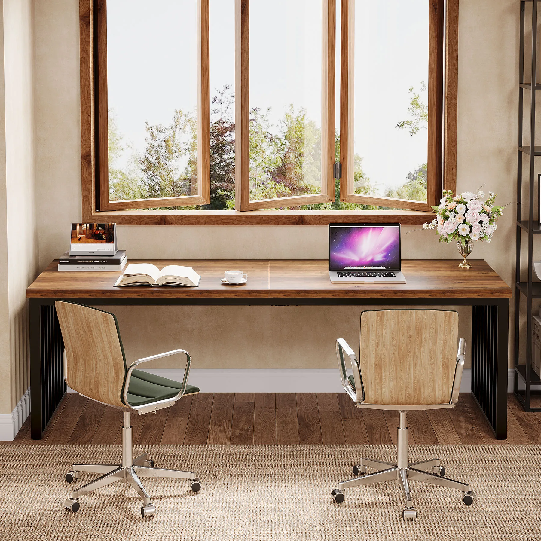 Tribesigns 78''Modern Large Office Desk, 2-Person Computer Workstation, Industrial Wooden Desk with Metal Legs 2