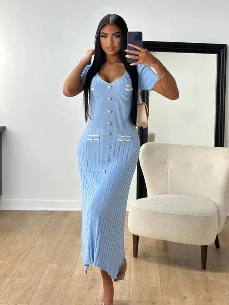 Office Lady Elegant Knitted Long Dress Summer Short Sleelve V Neck Single Breasted Bodycon Dresses Women Party Fashion Vestidos 6