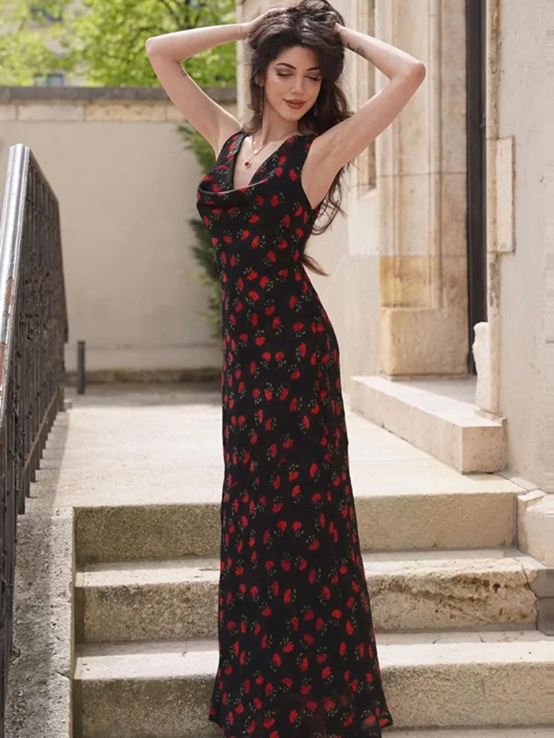 

Elegant Black Holiday Beach Chiffon Dress Women's Sleeveless Rose Floral Printed High Waist Slim Fit Long Party Evening Dresses