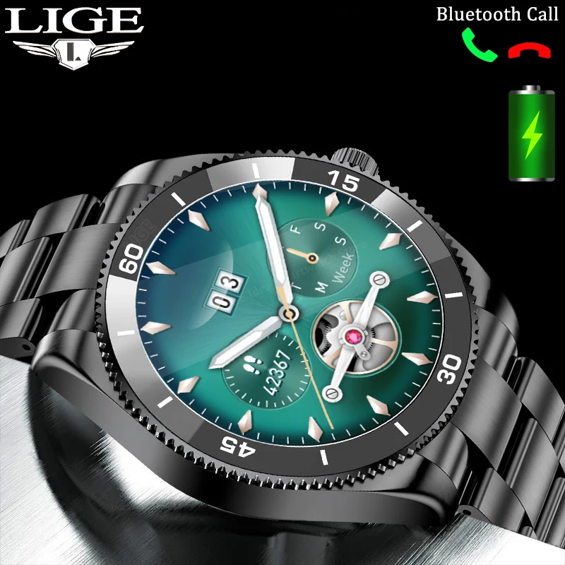 

LIGE Steel Belt Smart Watch For Men Bluetooth Call Smartwatch Android iOS Custom Dial Watches 2022 Weather Push Wristwatch Clock