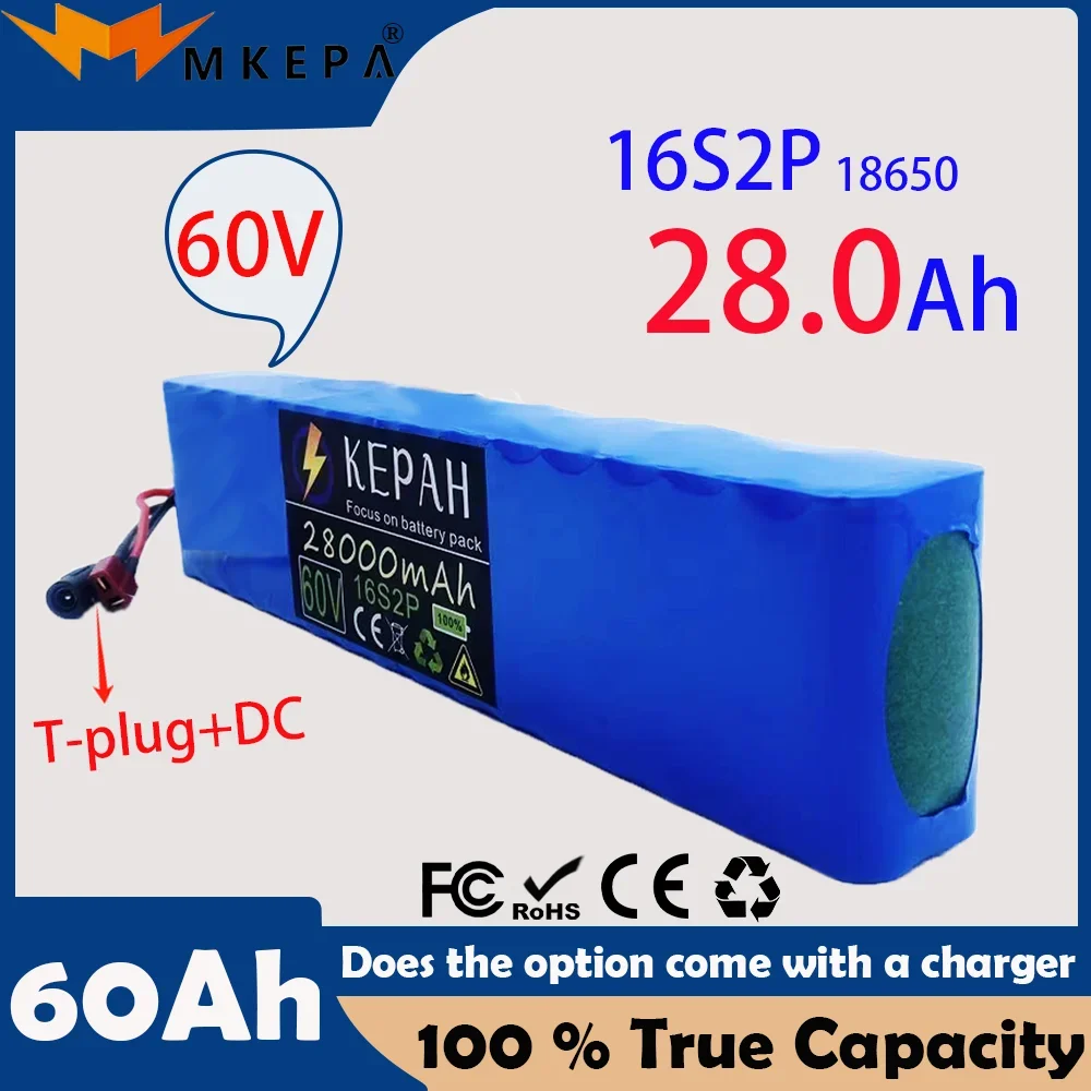 

MKEPA 60V 16S2P 28000mah 18650 Lithium Ion Battery Pack 67.2V for Electric Bike Scooter Scooter Kids Car Built In 1000 Watt Bms