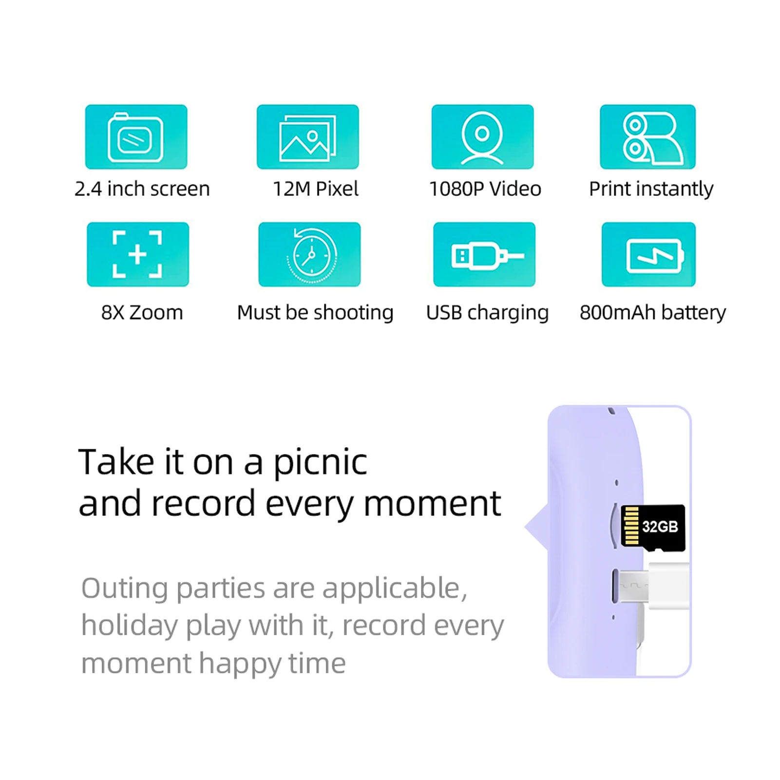 【New】3-in-1 Multifunctional Instant Camera Childeren's Instant Print Camera 2.4-inch IPS Screen Dual Lenses 12MP 32GB Memory