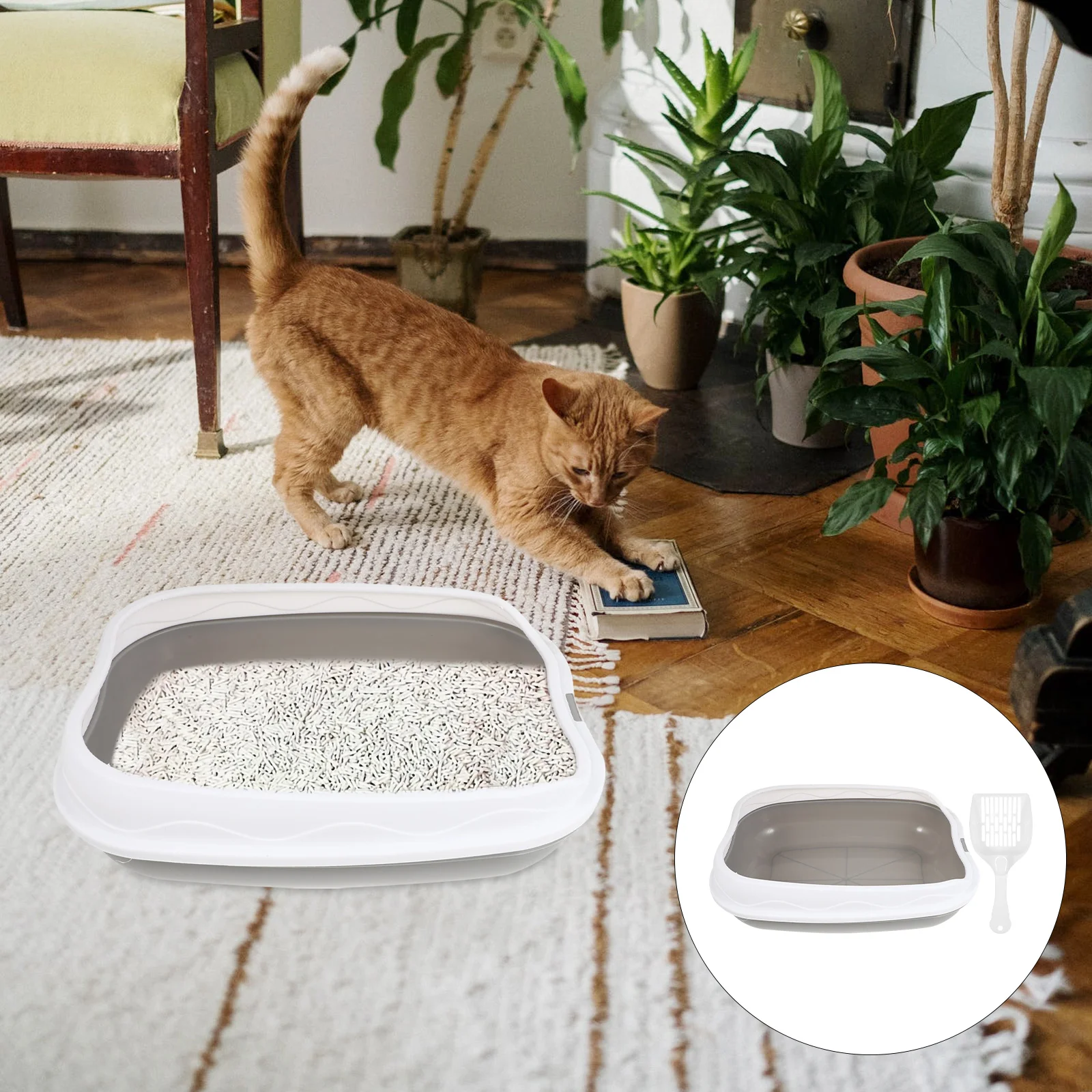 

1 Set Semi-enclosed Cat Toilet Pet Toilet Bedpan Pet Cat Sand Box Pet Supply (Grey)