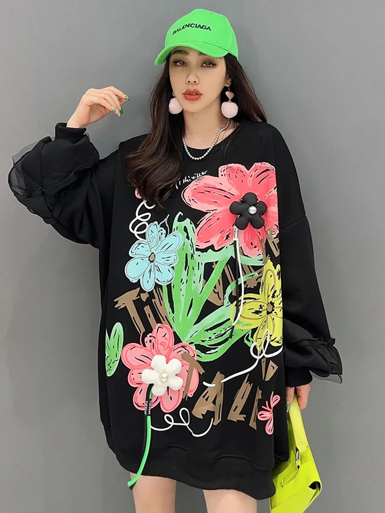 

SHENGPALAE Casual Versatile Sweatshirt For Women Three-d Flower Spliced Contrast Color Thicken Pullover Autumn 2024 New 5R8037
