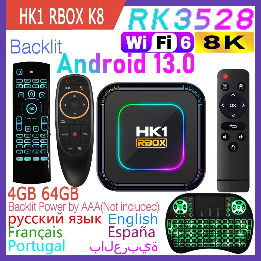 New HK1 RBOX K8 Android 13 RK3528 Quad Core Smart TV Box Wifi6 2GB 4GB 16GB 32GB 64GB 100M LAN Dual Wifi 2.4G 5G BT5.0 8K HDR new rk3528 android 13 x88 pro 13 smart tv box google ota set top box dual band wifi6 2 4g