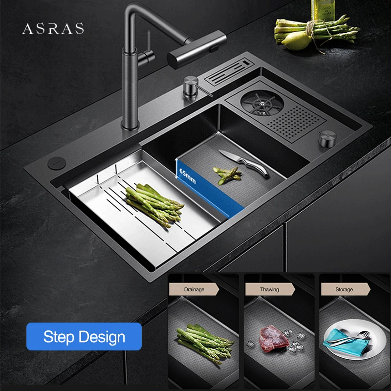 ASRAS Nanometer Honeycomb Embossing Kitchen Island Sinks Large Size 4mm Panel Handmade Step Cup Rinser kitchen Sinks