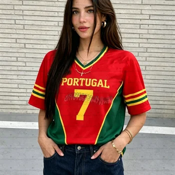 2026 Women Cheerleaders PORTUGAL NO.7 Y2k Tops men women Soccer O-Neck Short Sleeve Jersey T-Shirt Casual Tees Hip Hop T-Shirt