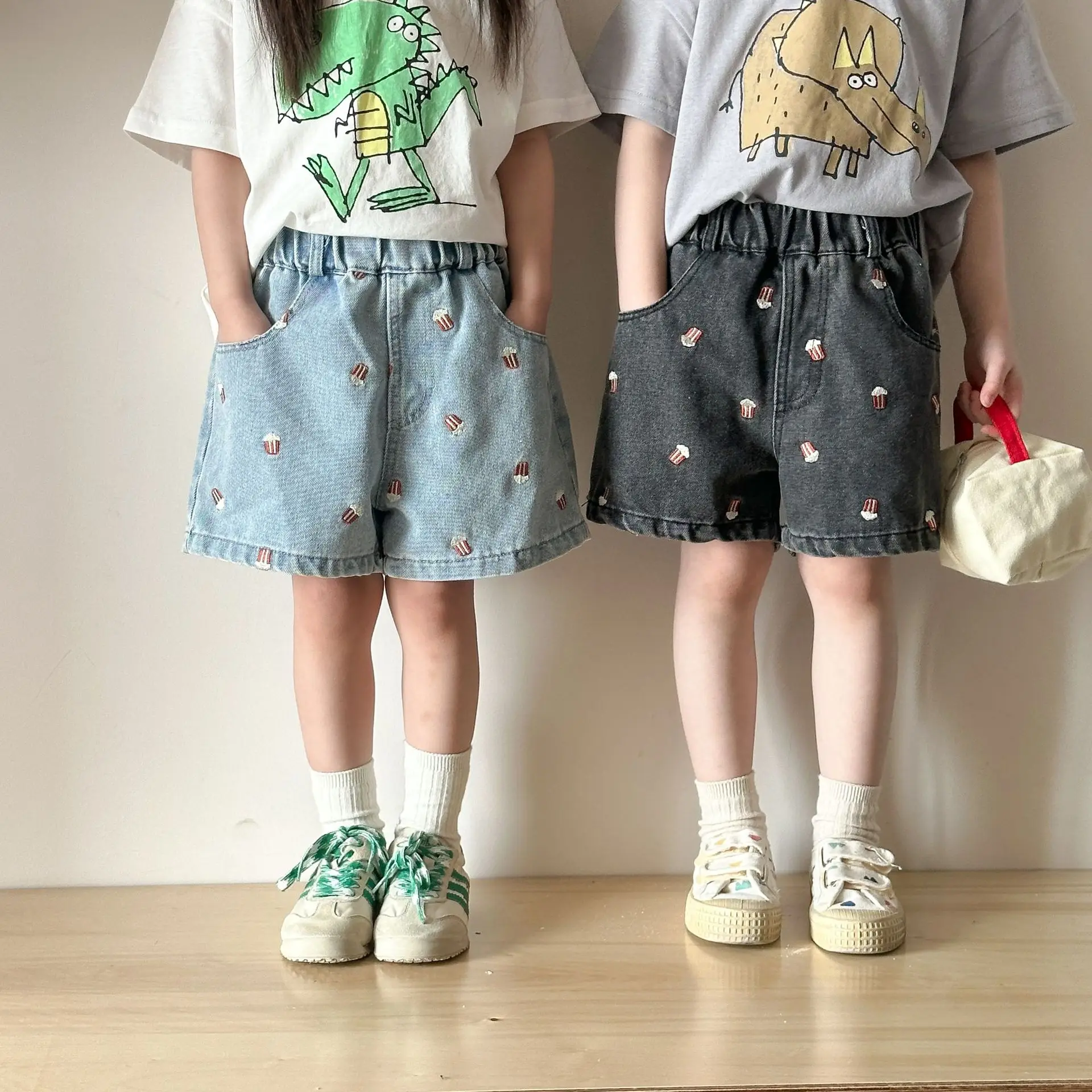 Children's Denim Shorts Embroidered Popcorn Casual Pants Summer Korean New Kids Baby Boys Girls Loose Jeans Shorts