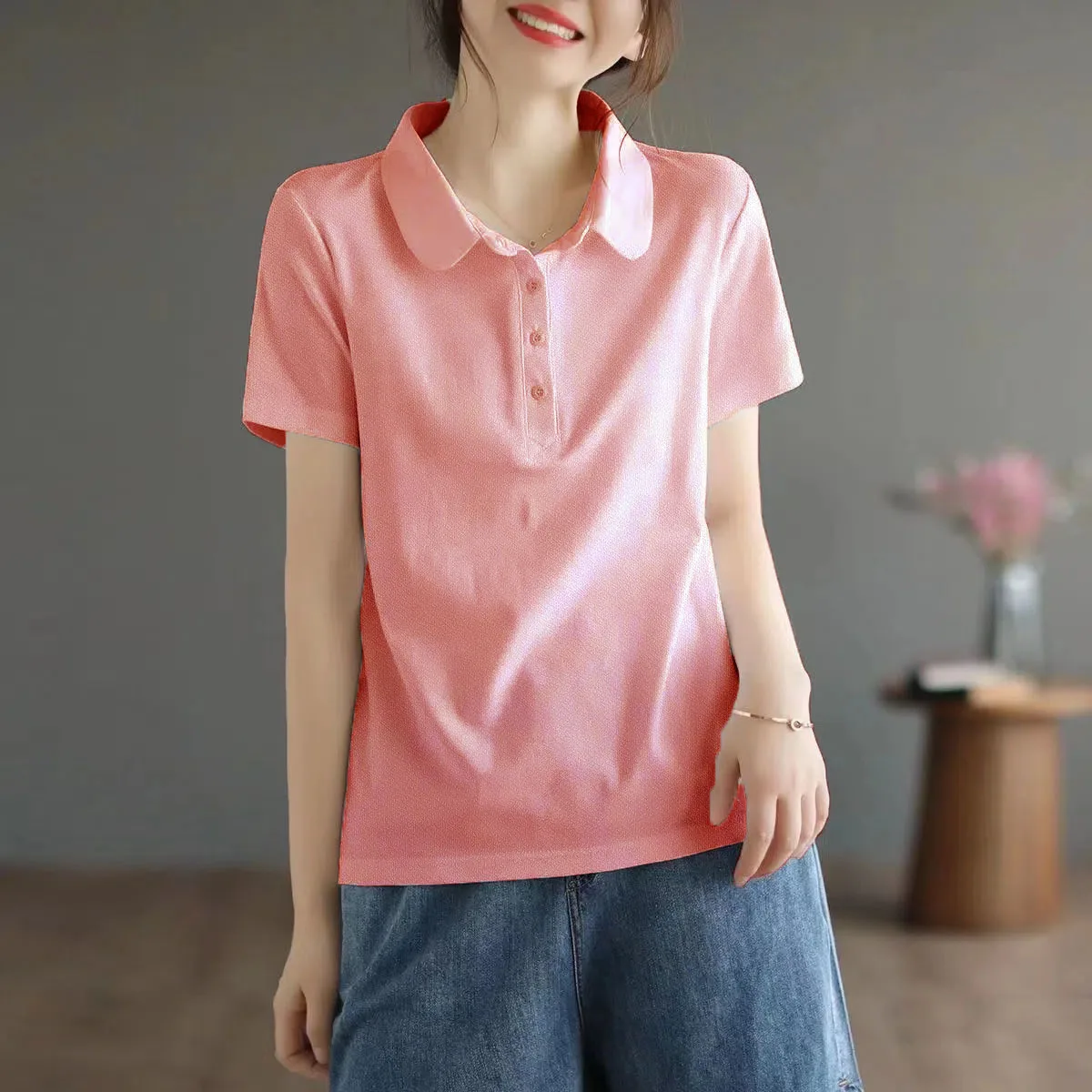 Polo Sport Short-sleeved Cotton T-shirt Ladies Button Casual Office Sports Jacket