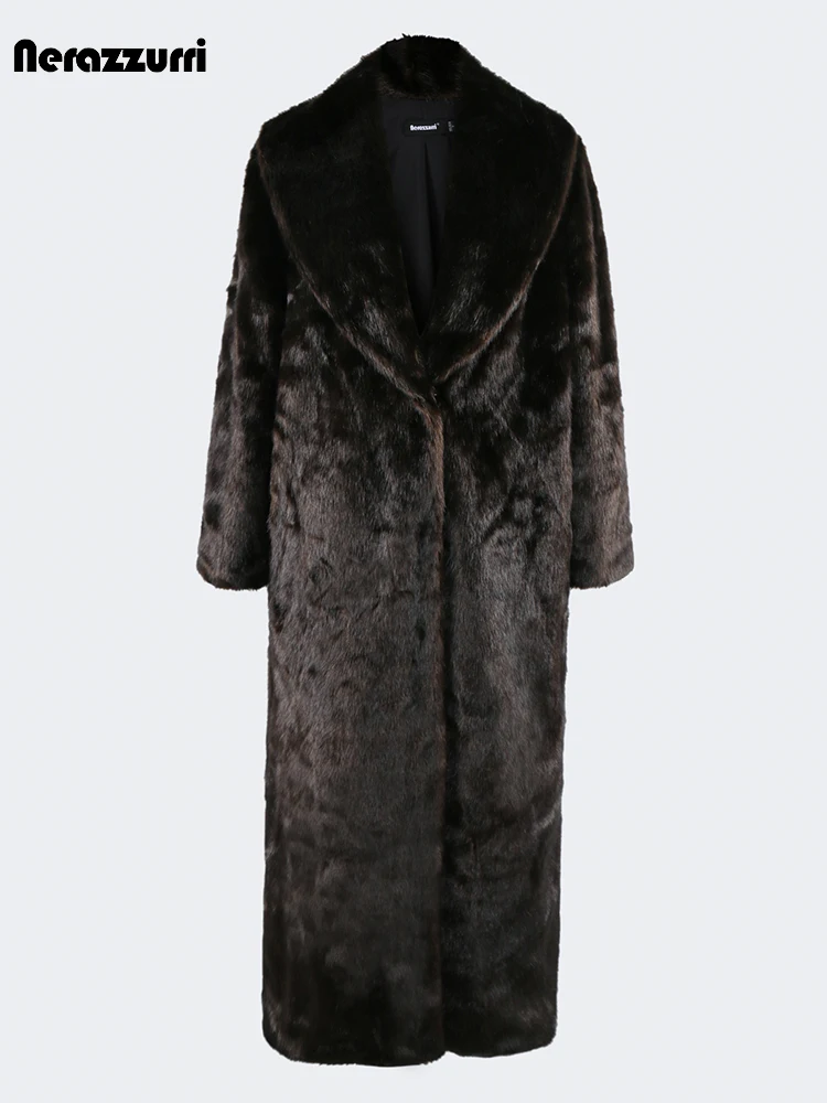 

Nerazzurri Autumn Winter Extra Long Thick Warm Brown Fluffy Faux Mink Fur Coat Women Luxury Elegant Chic Furry Overcoat 2024