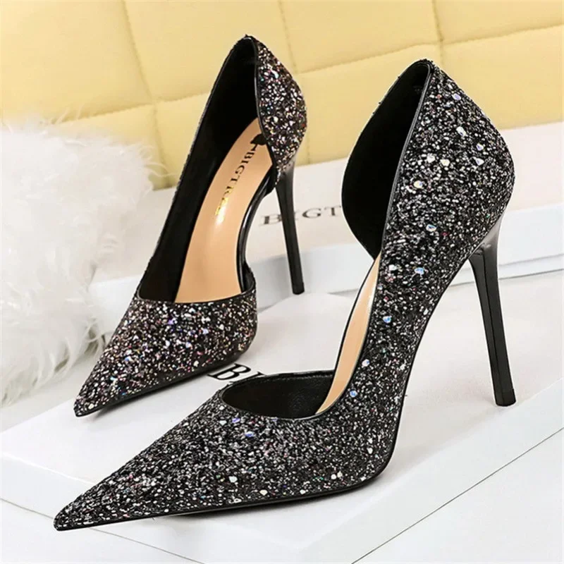 

Women 7cm 10.5cm Super High Heels Blue Gold Pumps Sexy Sequins Bling Low Heels Lady Scarpins Luxury Stiletto Sparkly Party Shoes