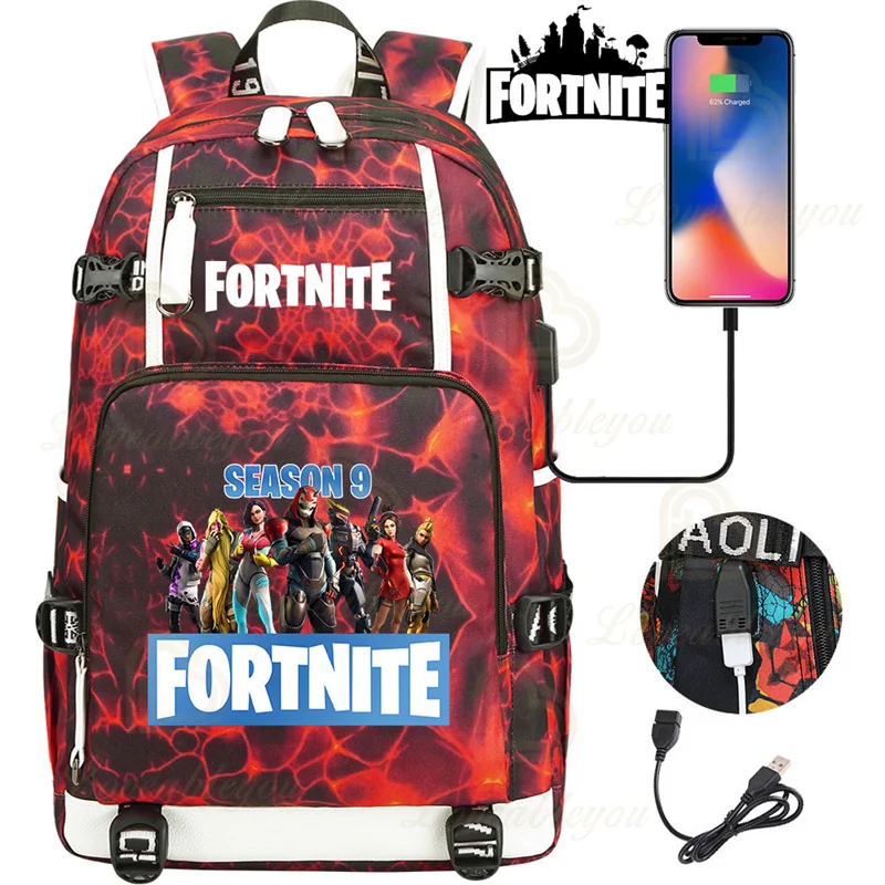 Mochila con carga USB para estudiantes compartimento de papeleria de estudio figuras de Anime Ultima Knight Fortnite Battle Royale