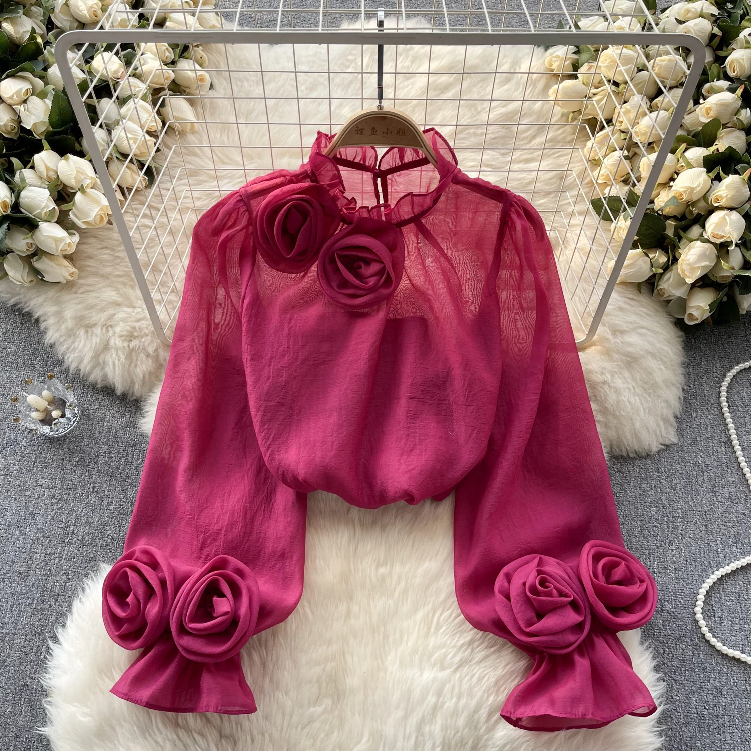 Sexy Puff Sleeve Long Sleeve O-Neck 3D Floral Pleated Blouse Slim Elegant Fashion Basic Chic Spring Summer Women Chiffon Shirt