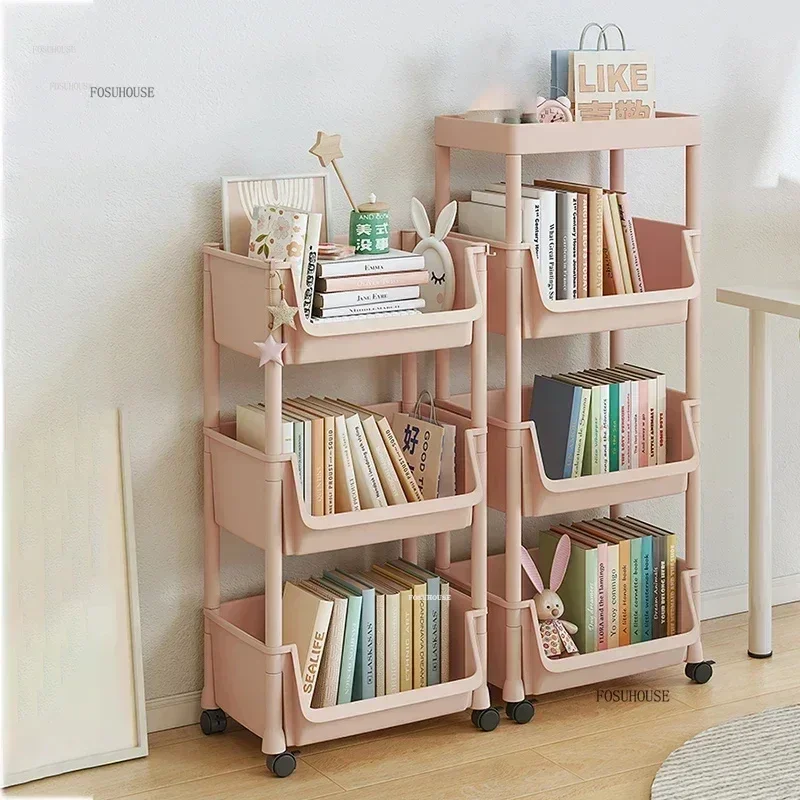 Home Children's Bookcases Rack with Wheels Removable Toy Storage Bookcase Reading Shelves Cart Floor Simple Small Bookshelves