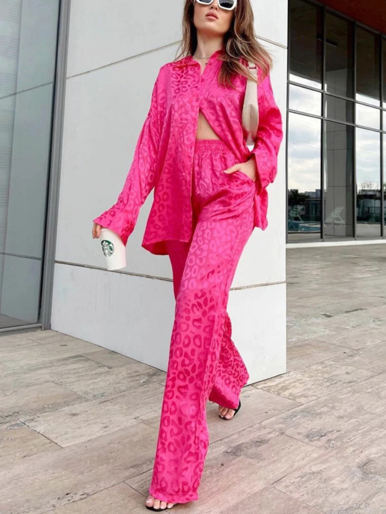 

New Spring Europe and American Pant Sets Women Clothing Long-sleeved Loose Leopard Casual Solid Two Piece Sets Womens Outifits