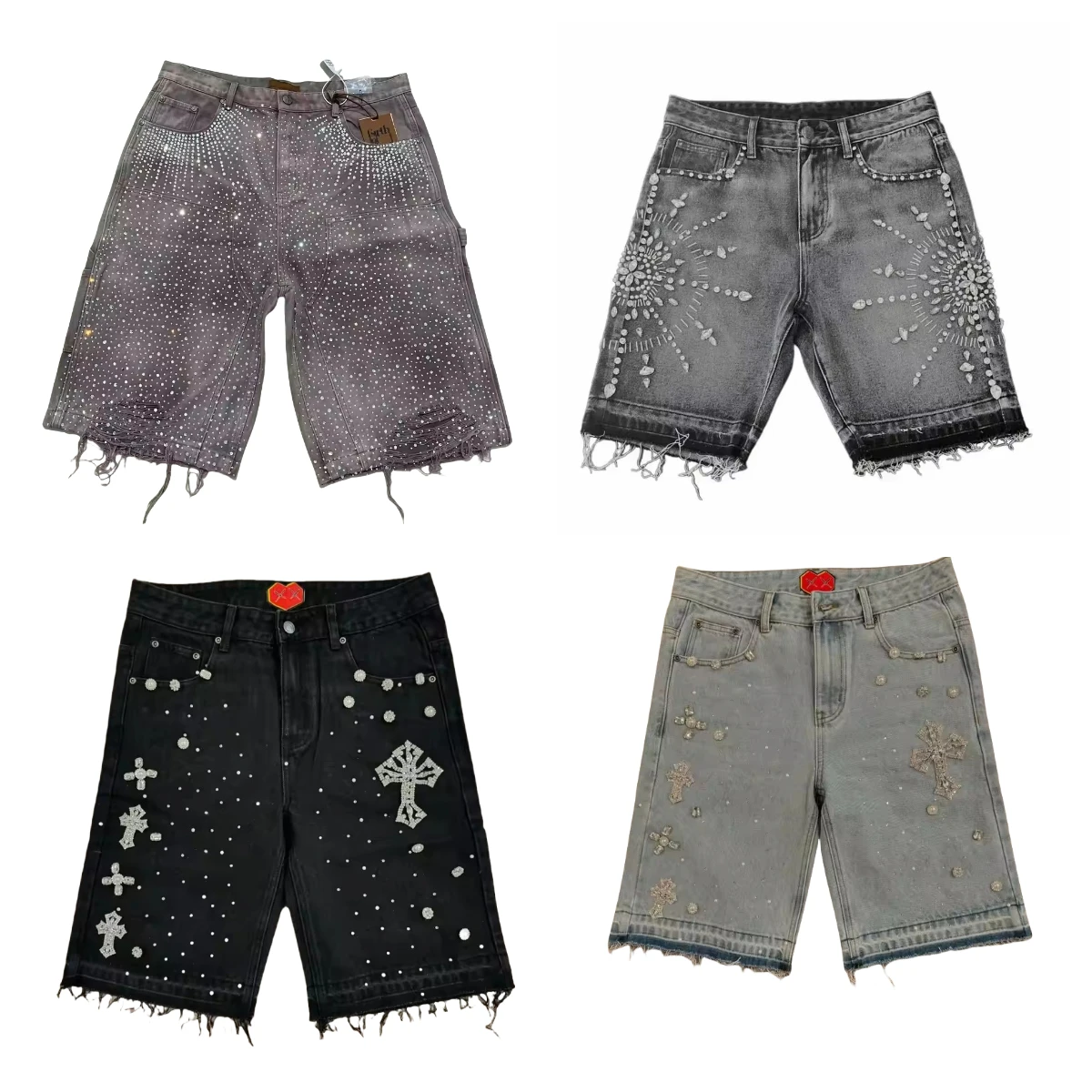 Retro Gothic Y2k Sweatpants Oversized Iron Diamond Pattern Denim Shorts for Men Hip Hop Punk Low Waist Gym Shorts Streetwear