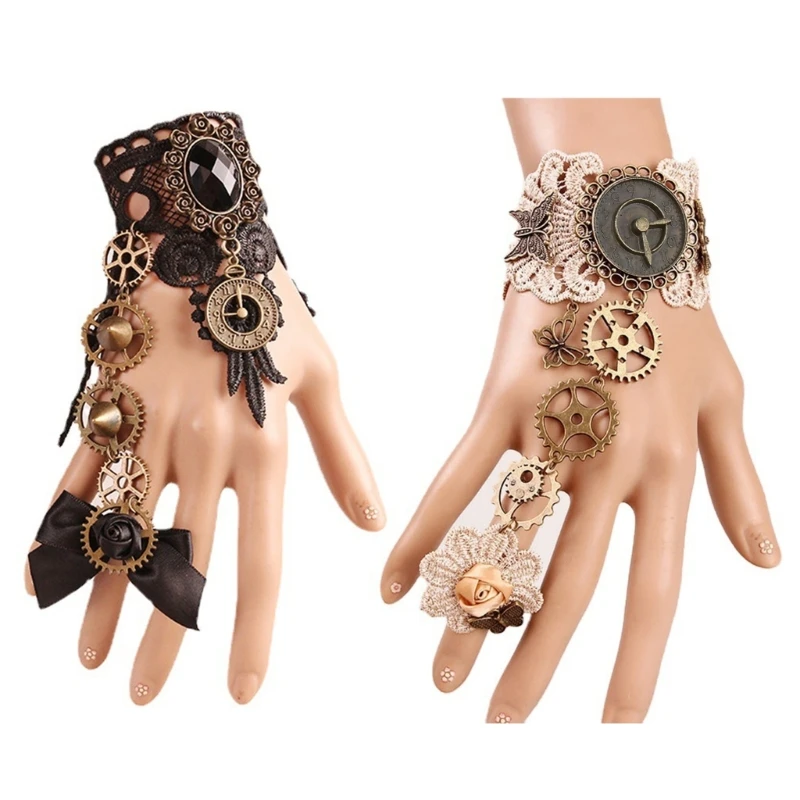 

Wedding Bridal Wrist Guard Bracelet Rings with Gear Clock Decor Medieval Set Dropship