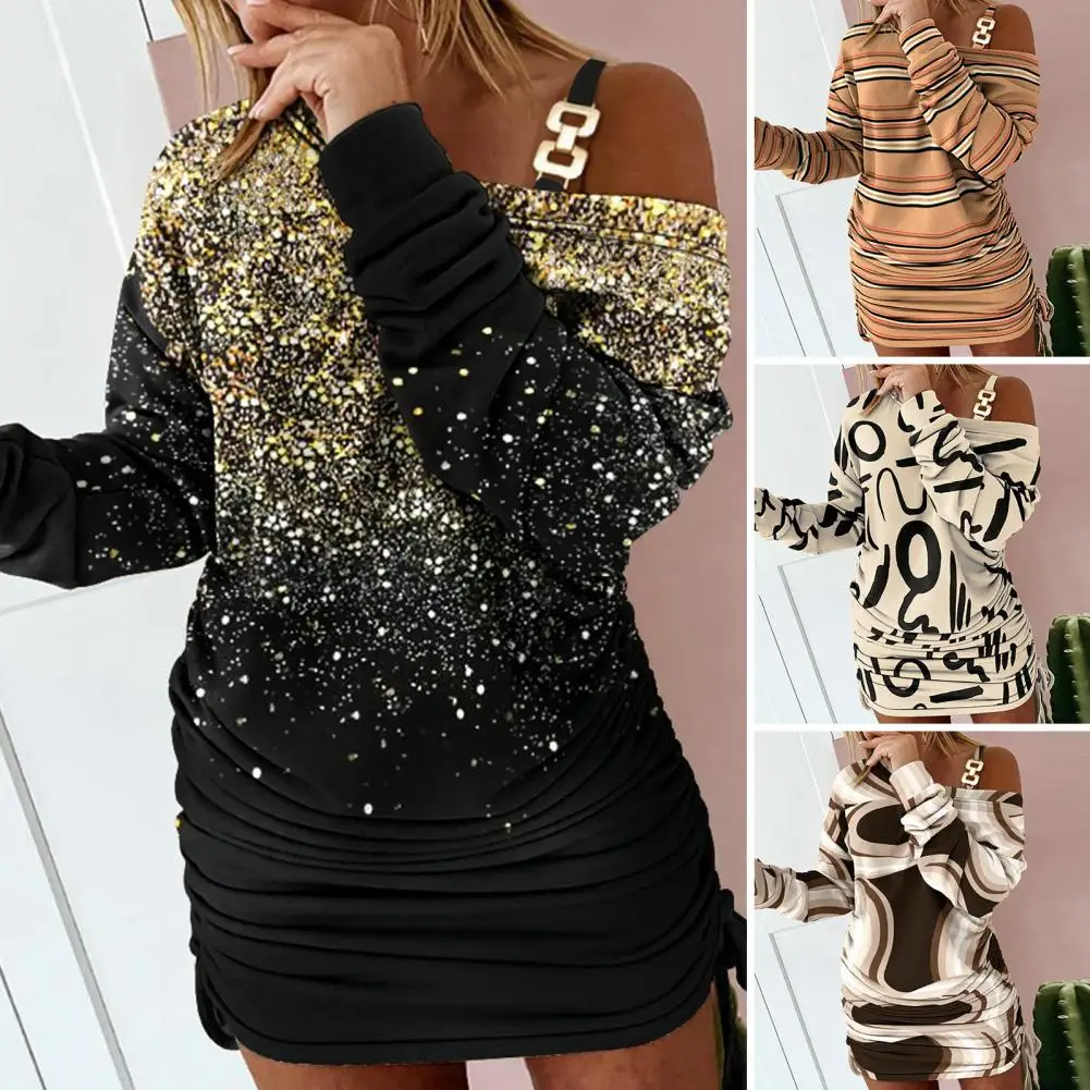 

Women Fall Spring Dress Chain Decor One Shoulder Long Sleeve Color Matching Printed Oblique Neck Above Knee Length Mini Dress