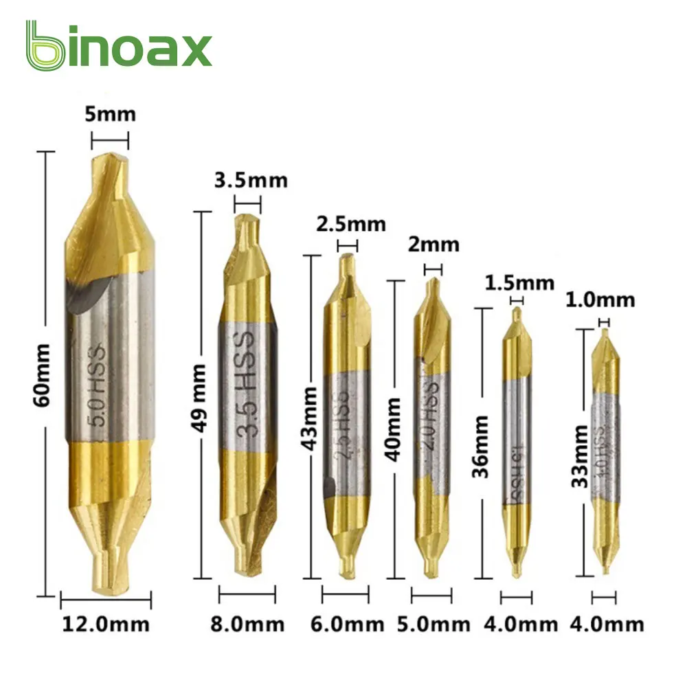Binoax Center Drill Bit Set 6pcs HSS TiN Coated Automatic Hole Drill Hole Cutter 1.0-5.0mm 60 Degrees Woodworking Tools