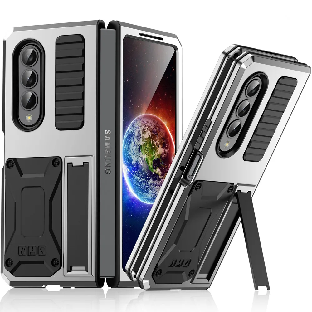 

Heavy Metal Aluminium Armor Case For Samsung Galaxy Z Fold 4 Hybrid Silicone Stand Shockproof Dustproof Rugged Military Cover