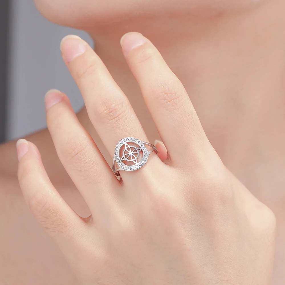 Dawapara Hexenknoten-Ring mit klarem Zirkon, Wicca, verstellbarer Damenring, Edelstahl, religiöser Schmuck, Jahrestag, Geburtstag – Detail 7