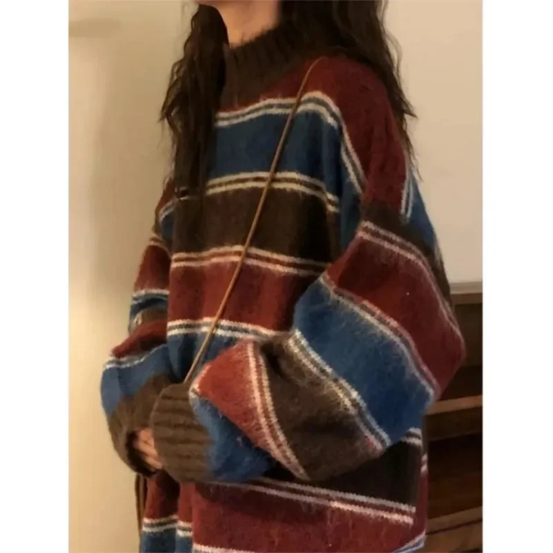 

Harajuku Knit Sweaters Women Oversized Striped Knitwear Streetwear Vintage Patchwork Jumpers Preppy Korean Casual Pullovers New